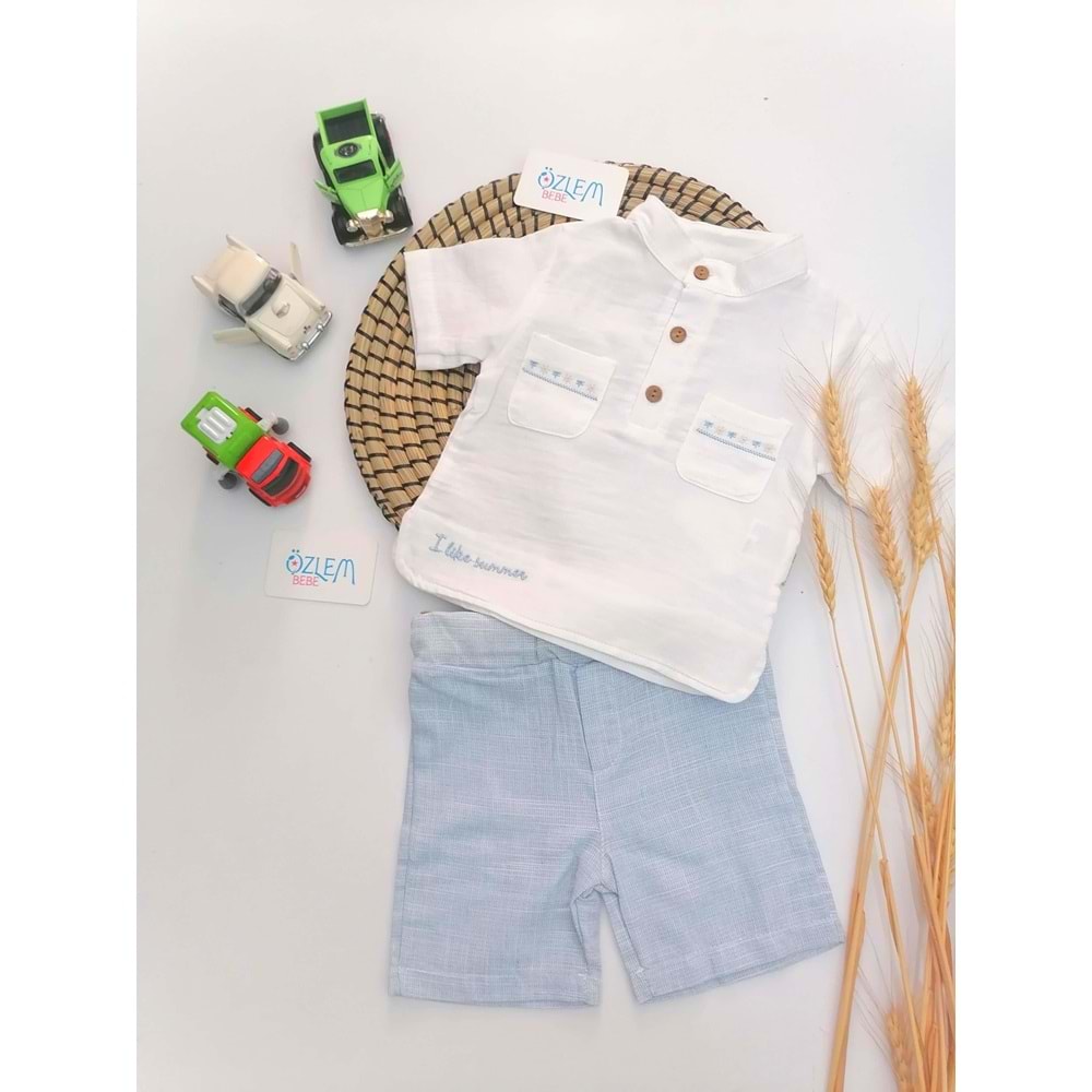 Hakim Yaka Nakış Gömlek Şortlu 2'li Takım