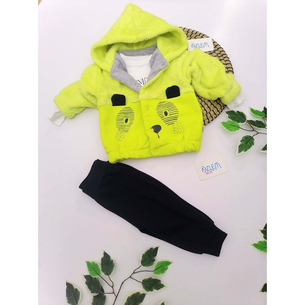 Neon Sarı welsoft kol kapüşon ceketli 3'lü Takım