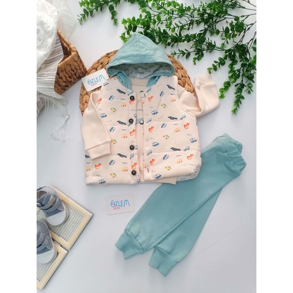 Araba Baskı Yelekli 3'lü Takım