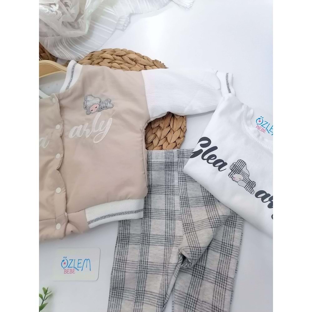 Ekose Pantolon Krem Şişme Montlu 3'lü Takım