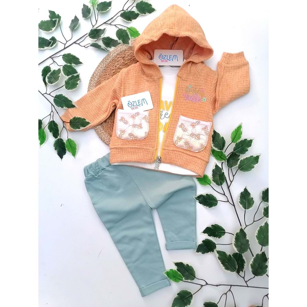 Çiçek Cepli Kapüşon Ceketli 3'lü Takım