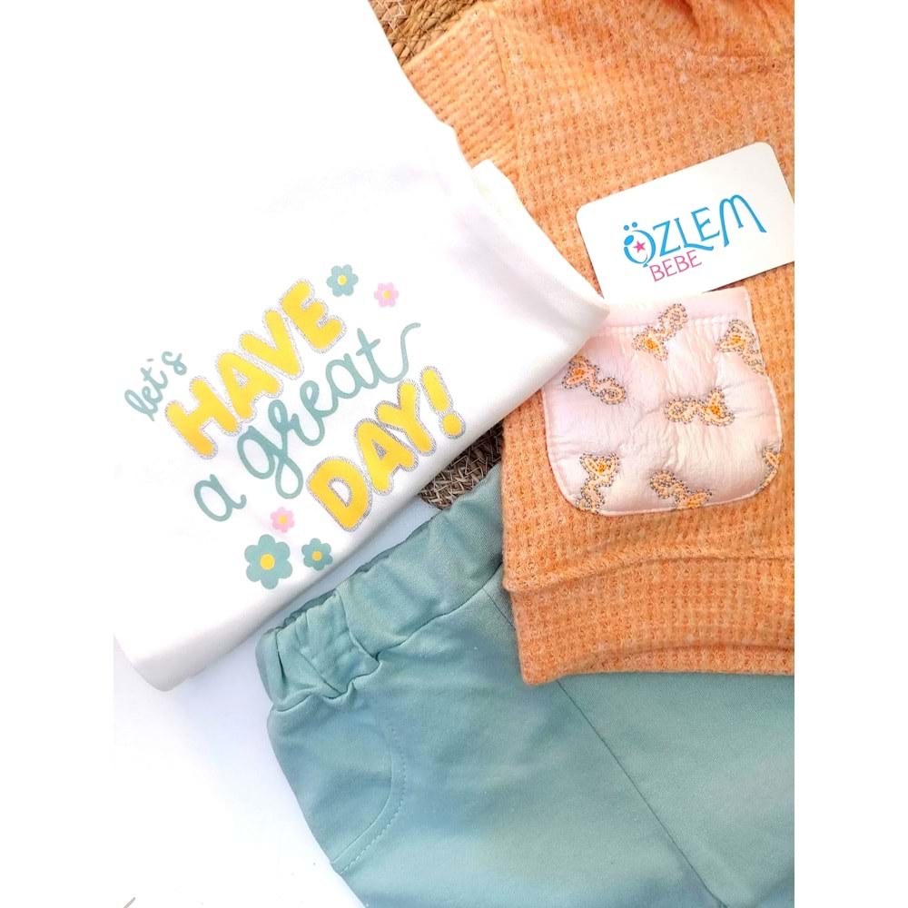 Çiçek Cepli Kapüşon Ceketli 3'lü Takım