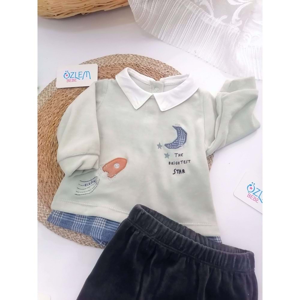 Ay ve Roket Desen Kadife 2li Takım