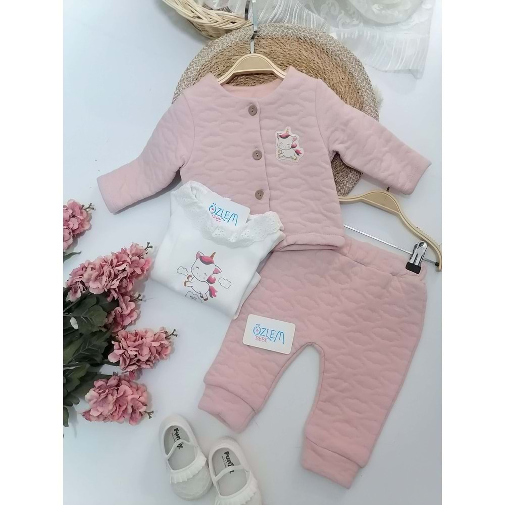 Güpürlü Bebe Yakalı Unicorn Pembe 3lü Takım