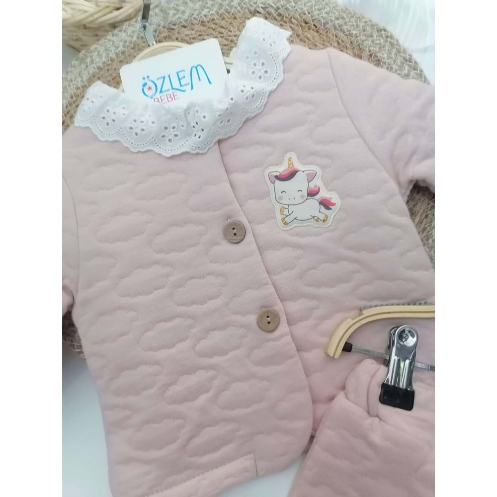 Güpürlü Bebe Yakalı Unicorn Pembe 3lü Takım