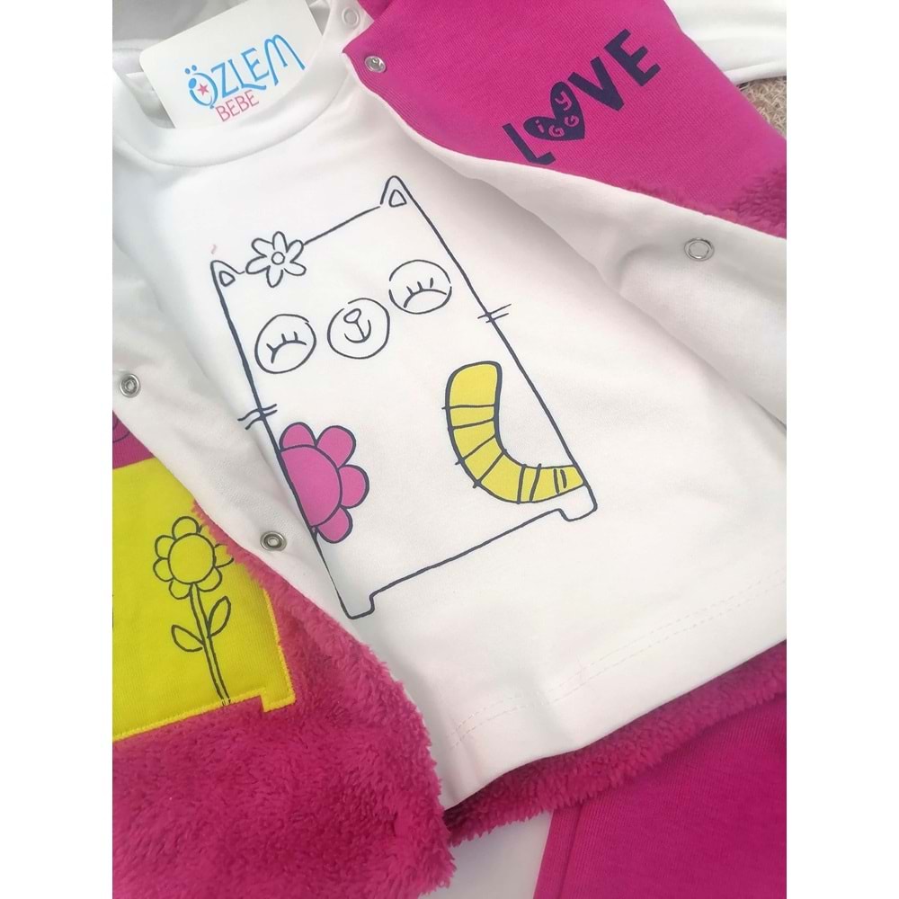 Kedi Figürlü Kapüşon Yelekli Pembe Takım