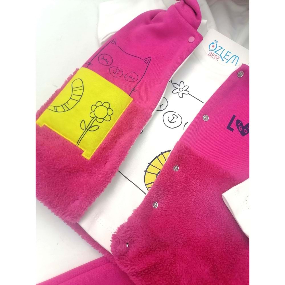 Kedi Figürlü Kapüşon Yelekli Pembe Takım