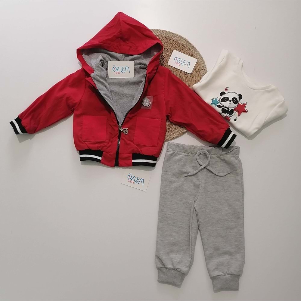 Sevimli Panda Kırmızı Ceketli 3'lü Takım