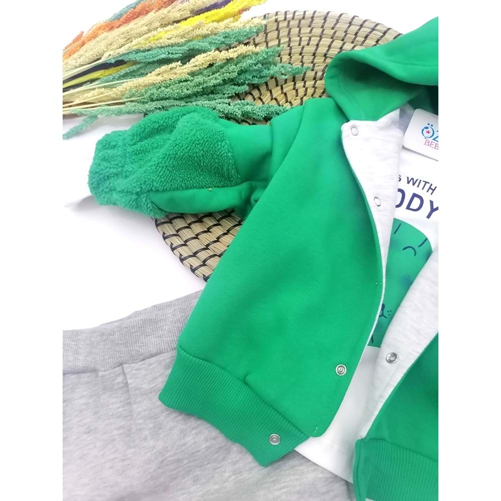 Aslan Figürlü Yeşil Kapüşon Ceketli 3'lü Takım