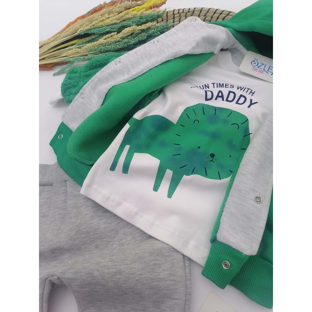 Aslan Figürlü Yeşil Kapüşon Ceketli 3'lü Takım