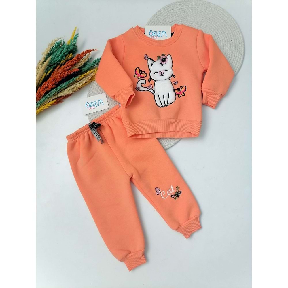 Gülen Kedi Nakışlı Turuncu Takım