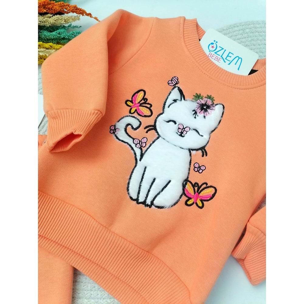 Gülen Kedi Nakışlı Turuncu Takım