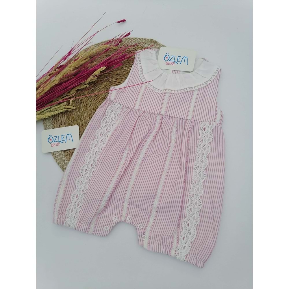 Bebe Yaka Biyeli Çizgili Pembe Tulum