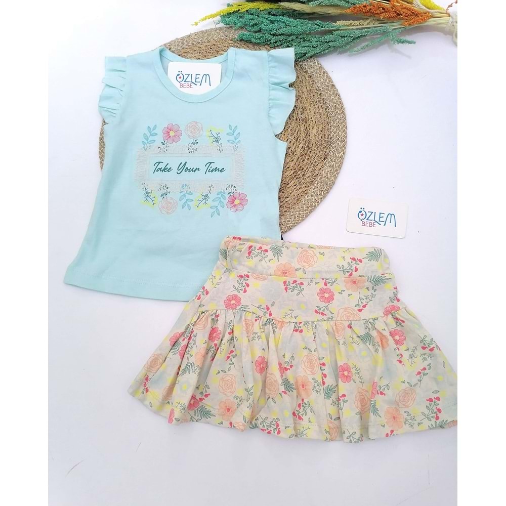 Mint Tişört Çiçek Etekli Takım