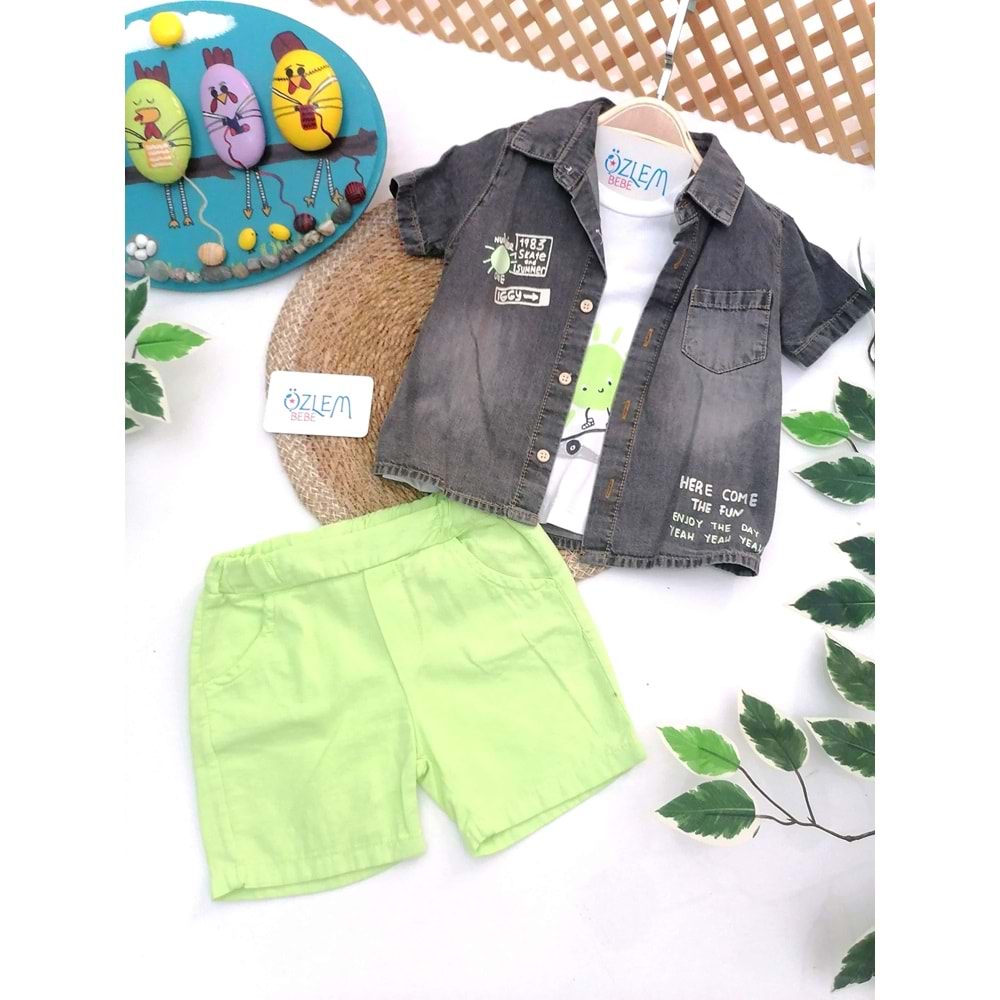 Yeşil Şort Denim Gömlekli 3'lü Takım