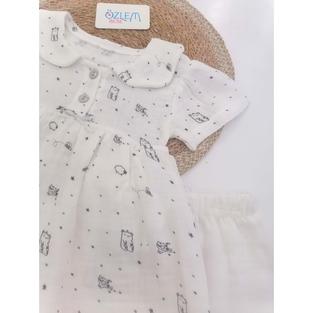 Şirin Kedi Şalvarlı Müslin Beyaz Takım