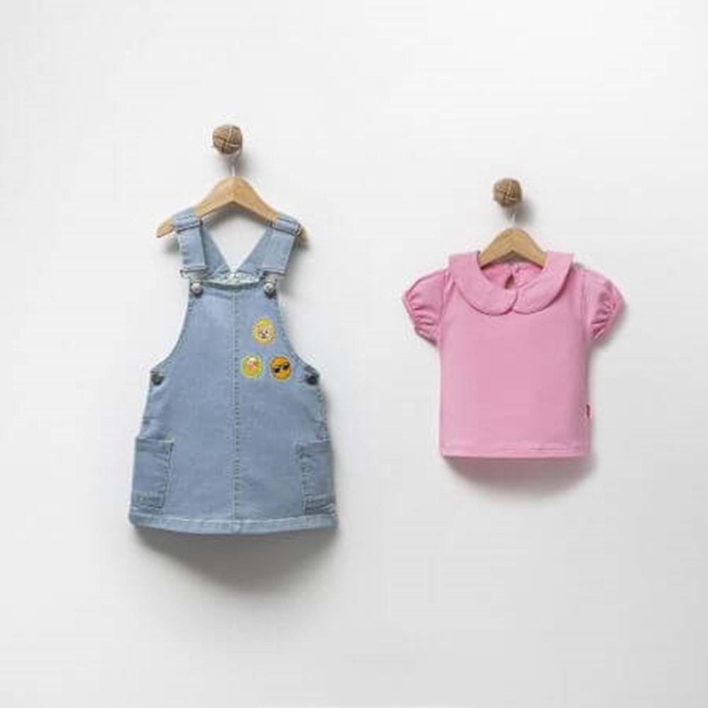 Emojili Pembe Tişörtlü 2'li Salopet Elbise