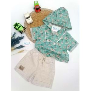Palmiye Desen Kapüşon Gömlek&Şortlu Keten 2'li Tk