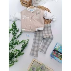 Ekose Pantolon Krem Şişme Montlu 3'lü Takım