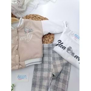 Ekose Pantolon Krem Şişme Montlu 3'lü Takım