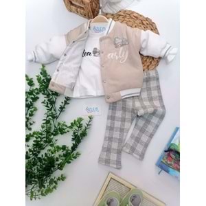 Ekose Pantolon Krem Şişme Montlu 3'lü Takım