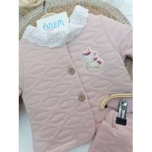Güpürlü Bebe Yakalı Unicorn Pembe 3lü Takım