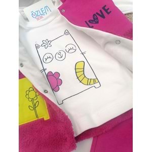 Kedi Figürlü Kapüşon Yelekli Pembe Takım