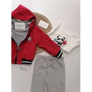 Sevimli Panda Kırmızı Ceketli 3'lü Takım