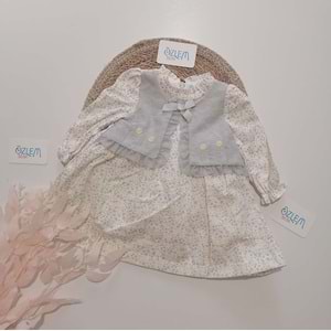 Cepkenli Bebe Yakalı Nakışlı Gri Elbise