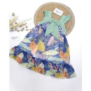 Yeşil Fiyonklu Çiçekli Şifon Elbise