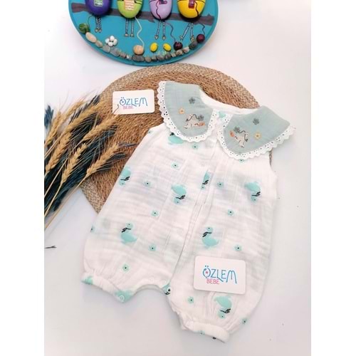 Yakası Fistolu Kaz Nakışlı Müslin Tulum