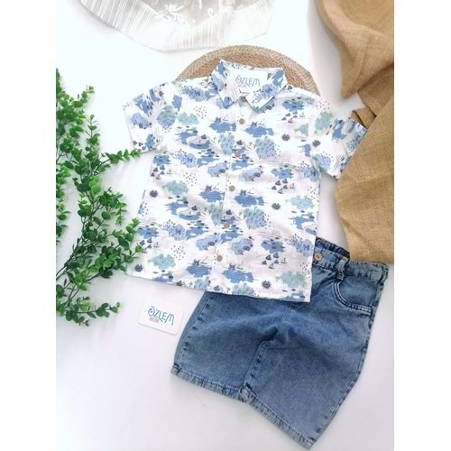 Yelken Baskı Keten Gömlek&Denim&Şortlu 2'li Takım