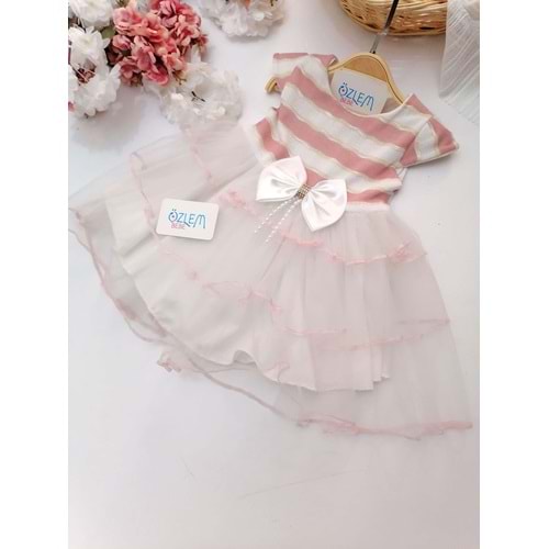 Çizgi Tüllü Kurdeleli Elbise