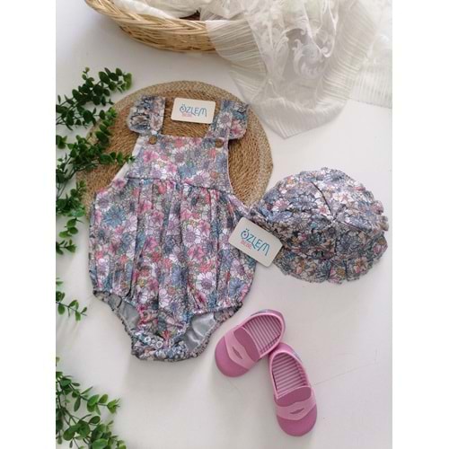 Çiçek Desenli Romper&Şapka 2'li Tk.