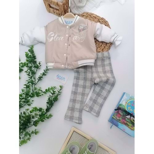 Ekose Pantolon Krem Şişme Montlu 3'lü Takım