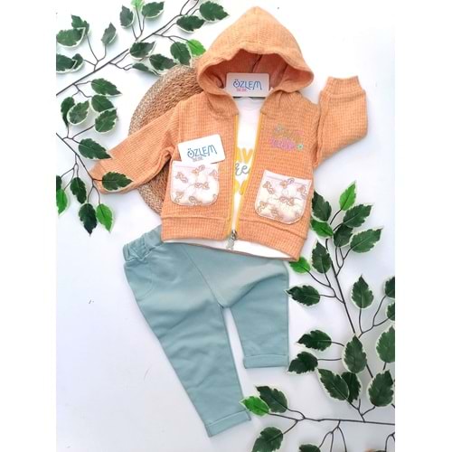 Çiçek Cepli Kapüşon Ceketli 3'lü Takım