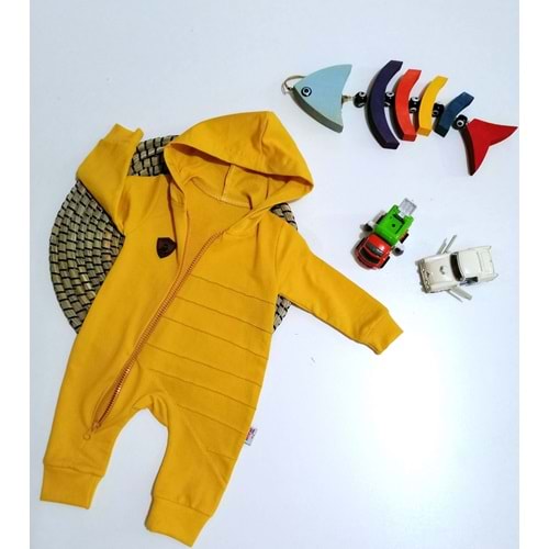 Kapüşonlu Hardal Sarı Önden Fermuarlı Tulum