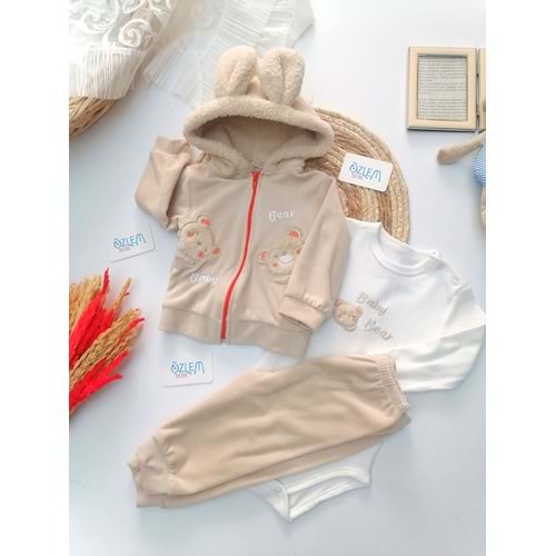 Krem Kadife Ayı Nakışlı Kapüşonlu 3'lü Takım