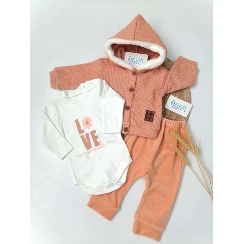 Kapüşonlu Tarçın Rengi 3'lü Bebek Takım