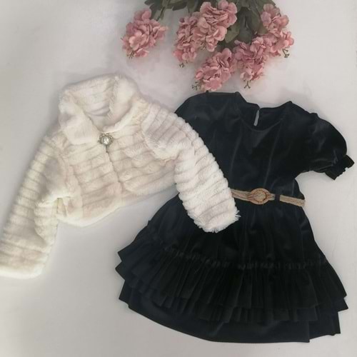 Peluş Bolerolu Siyah Kadife Çocuk Elbisesi