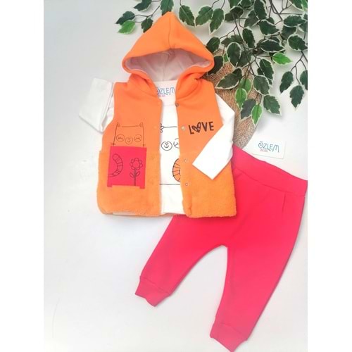 Kedi Figürlü Kapüşon Yelekli Turuncu Takım