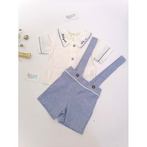 Yakası Nakış Gömlekli Mavi Şort Salopet Takım