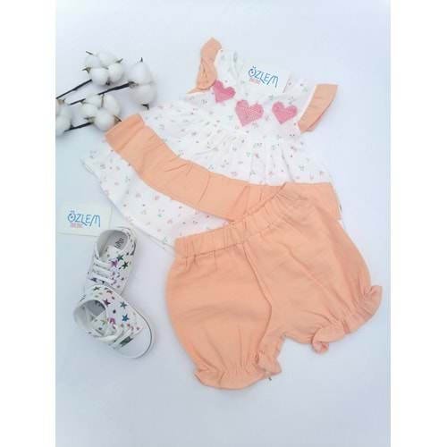 Çiçek&Kelebek Şortlu Müslin Somon Takım
