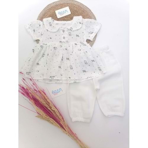 Şirin Kedi Şalvarlı Müslin Beyaz Takım