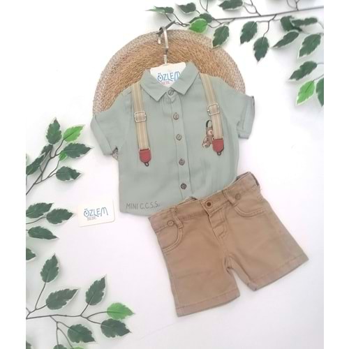 Yeşil Keten Gömlek Pantolon Askılı Şort Takım