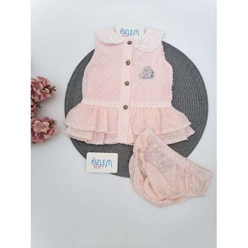 Dantel Yaka Damlacık Desen Somon Takım