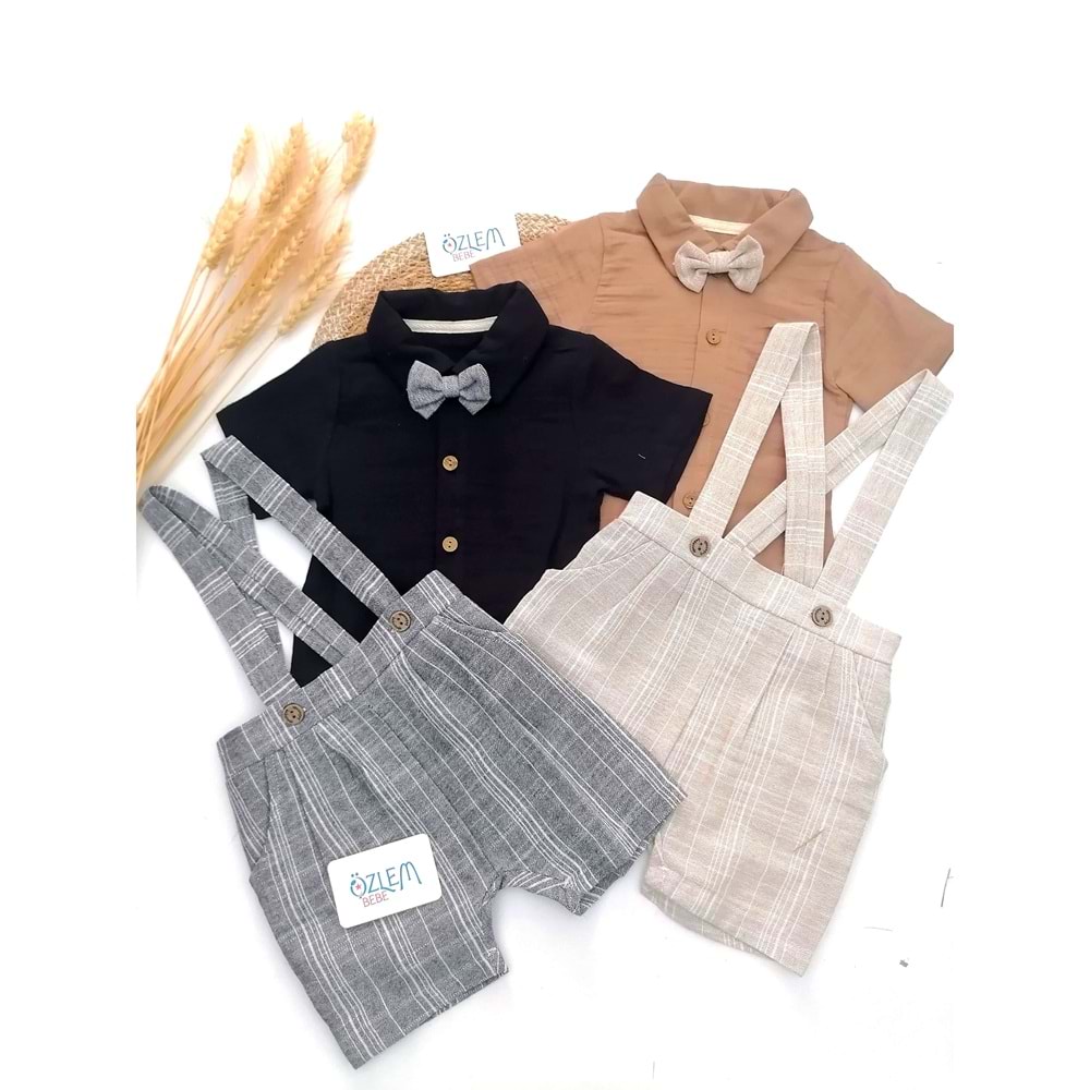 Müslin Gömlekli Keten Şort Salopet 2'li Takım