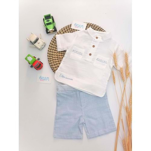 Hakim Yaka Nakış Gömlek Şortlu 2'li Takım