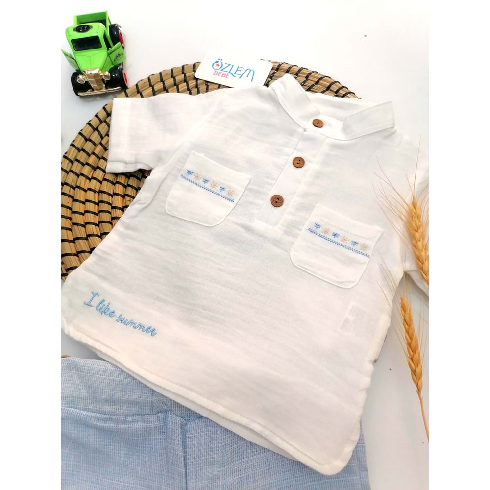 Hakim Yaka Nakış Gömlek Şortlu 2'li Takım