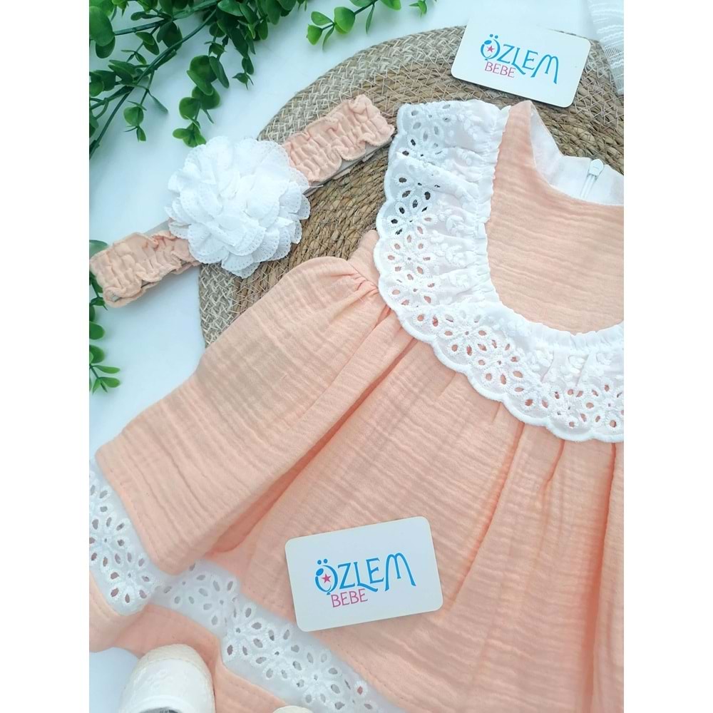 Güpür Yaka Eteği Dantel Müslin Elbise